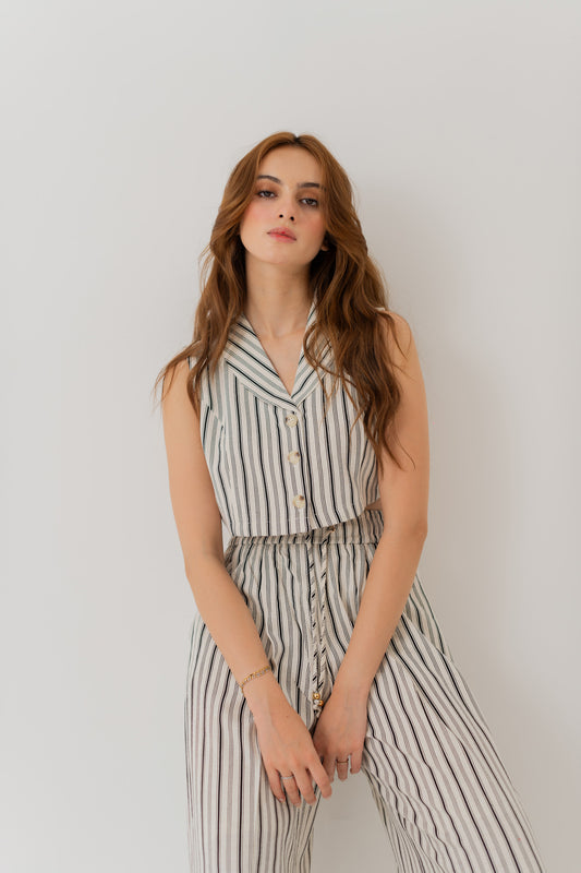 STRIPED LINEN SHAWL COLLAR CROPPED TOP - Hustle N Holla