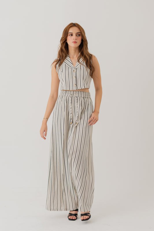 STRIPED LINEN SHAWL COLLAR CROPPED TOP - Hustle N Holla