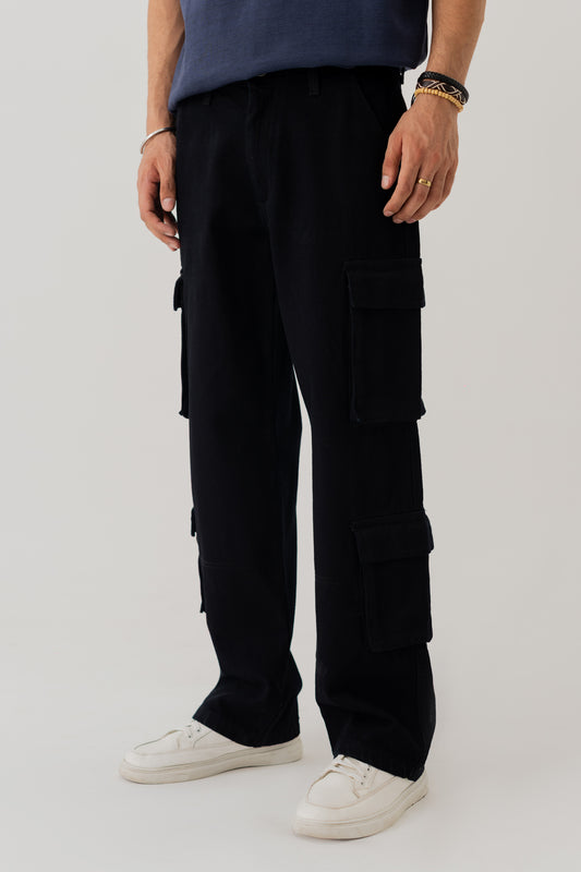 BLACK LOOSE FIT CARGO JEANS - Hustle N Holla