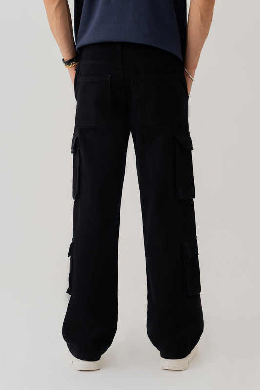 BLACK LOOSE FIT CARGO JEANS - Hustle N Holla