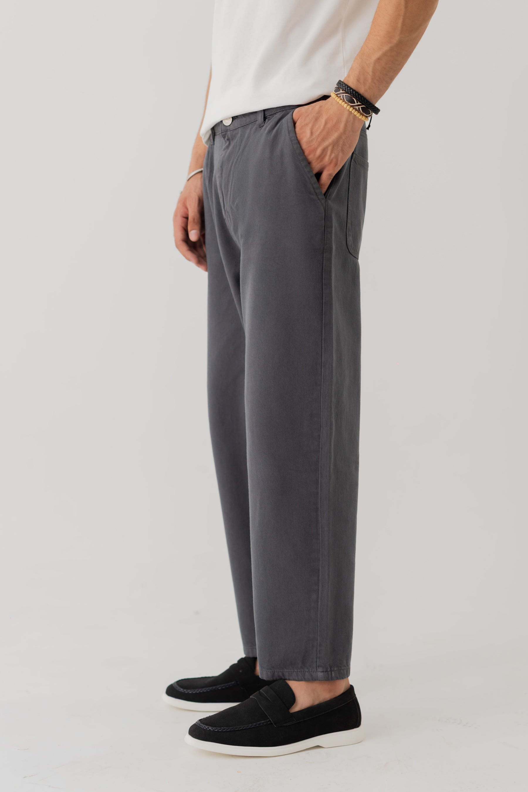 Dark Grey Loose Fit Cropped Twill Pants - Hustle N Holla