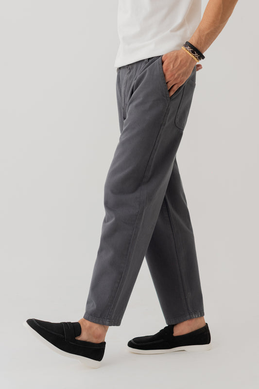 Dark Grey Loose Fit Cropped Twill Pants - Hustle N Holla