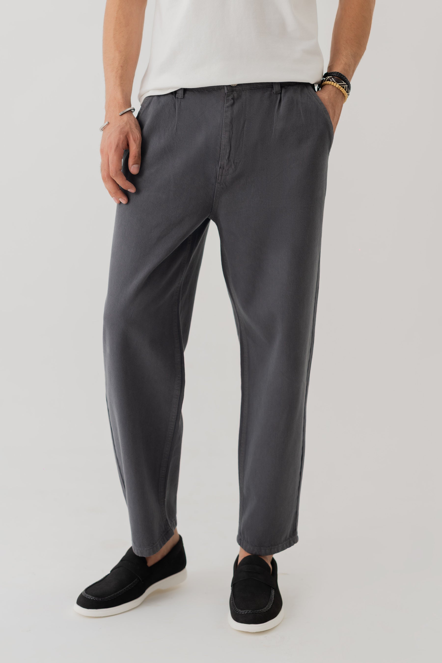 Dark Grey Loose Fit Cropped Twill Pants - Hustle N Holla