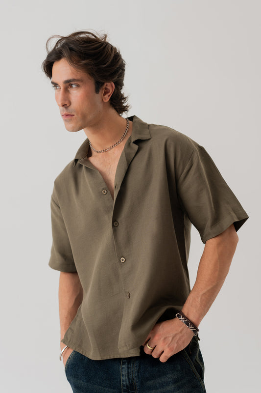 Olive Cotton Linen Relaxed Fit Shirt - Hustle N Holla