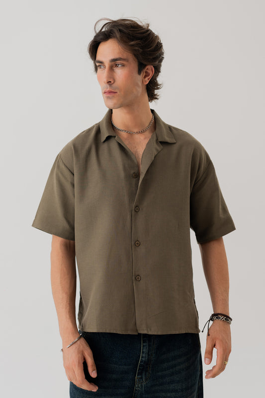 Olive Cotton Linen Relaxed Fit Shirt - Hustle N Holla