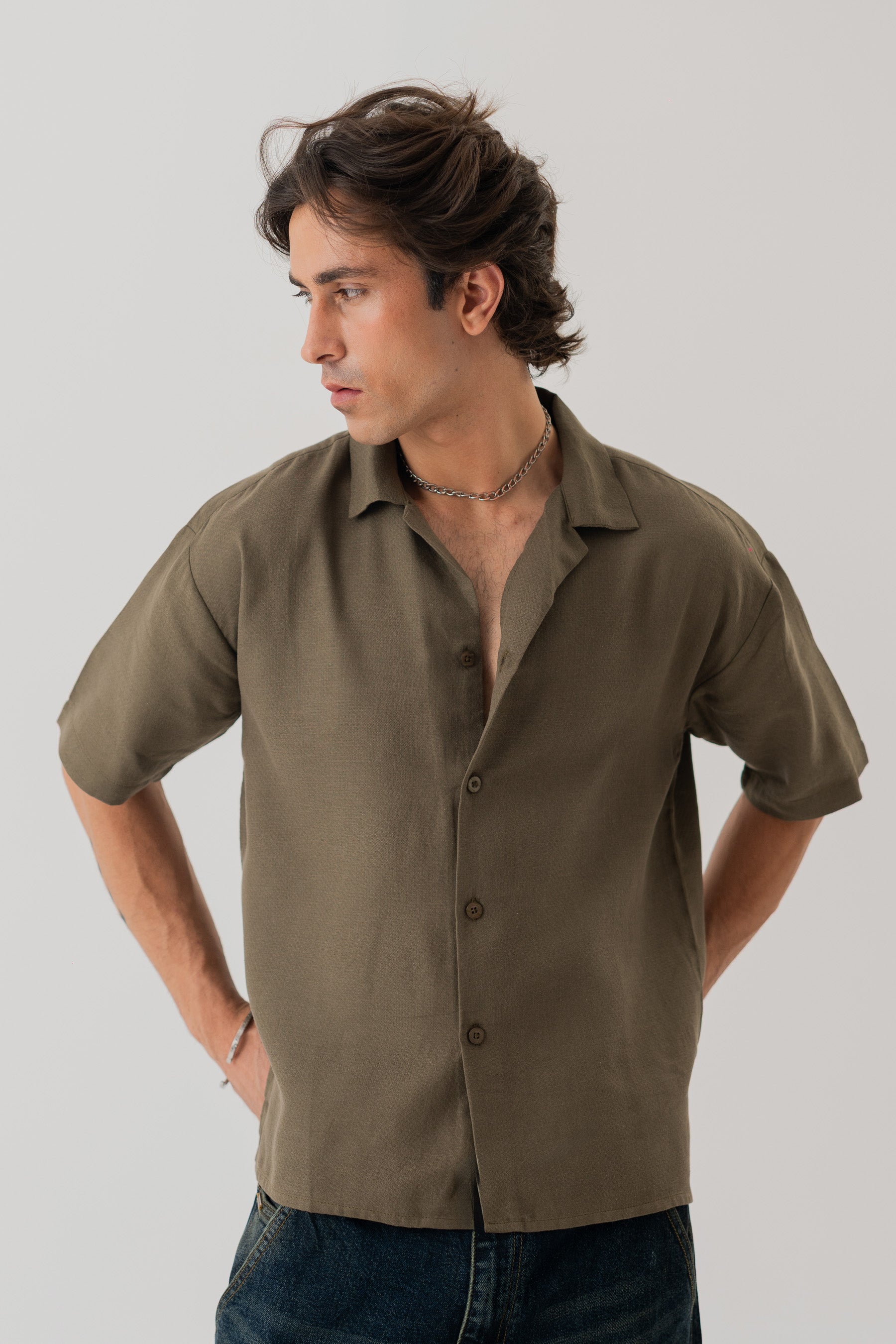 Olive Cotton Linen Relaxed Fit Shirt - Hustle N Holla