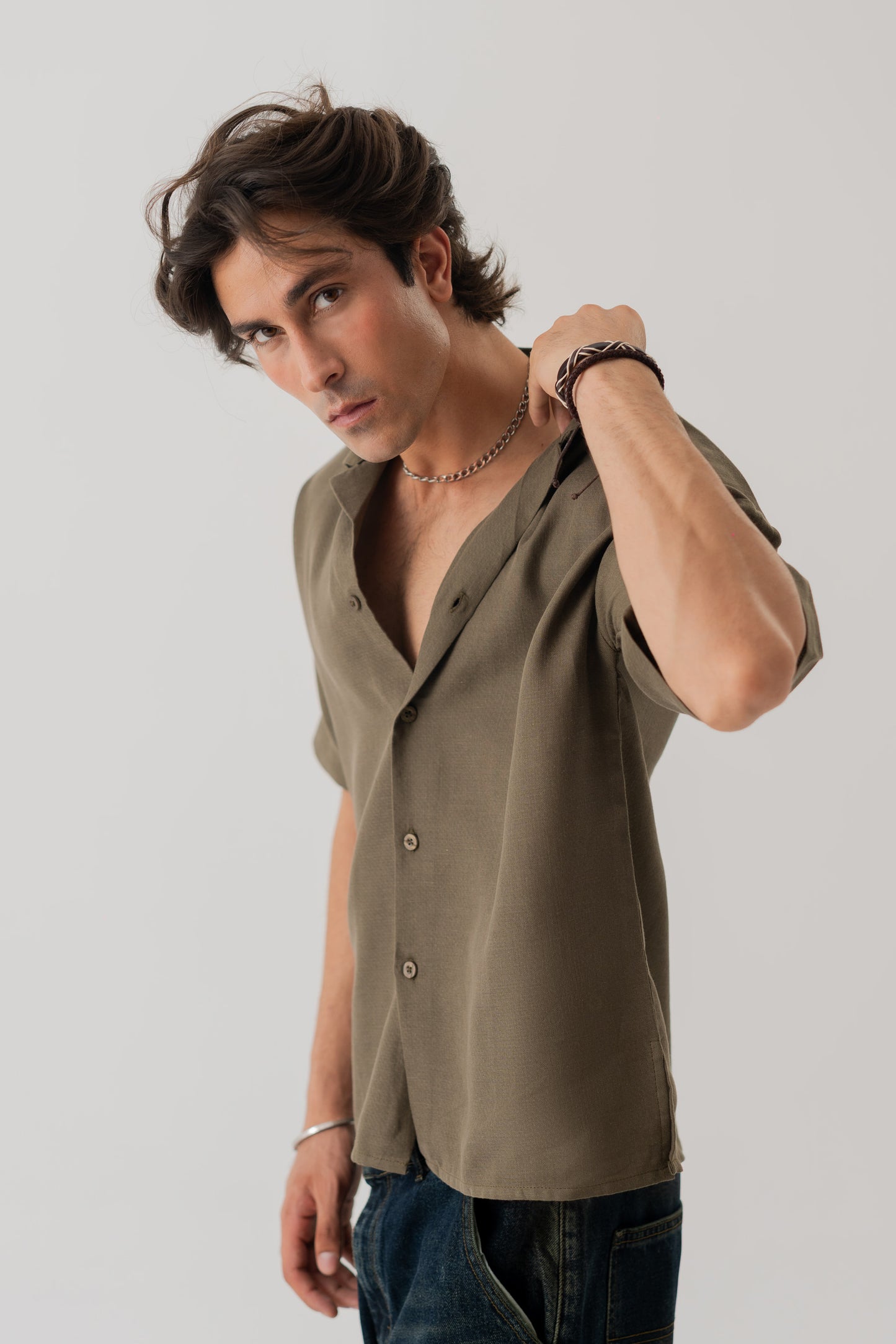 Olive Cotton Linen Relaxed Fit Shirt - Hustle N Holla