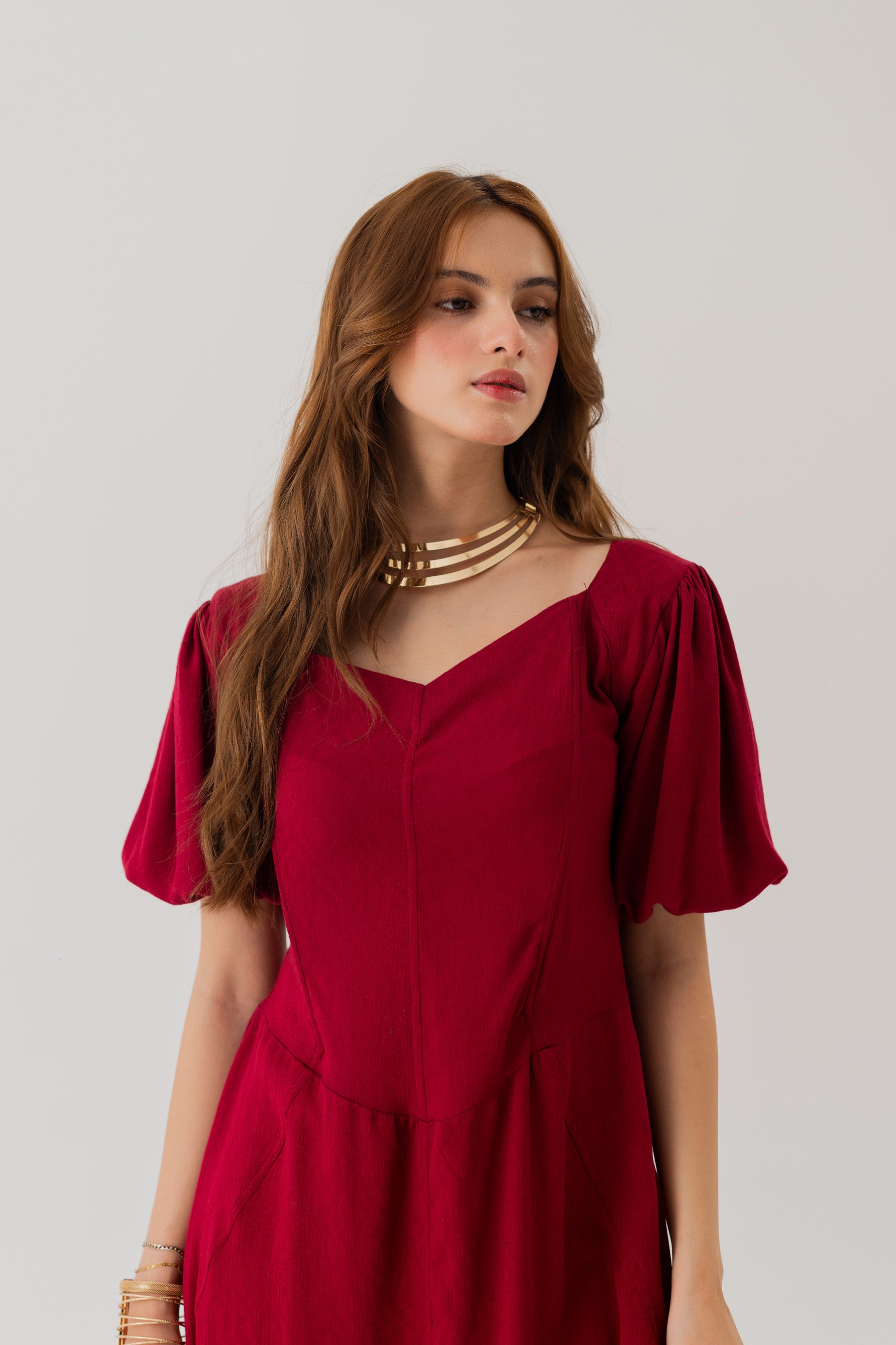 Maroon Linen Panelled Midi Dress - Hustle N Holla