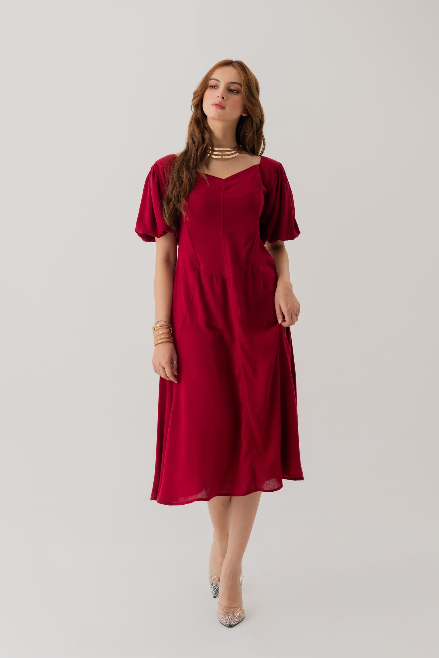 Maroon Linen Panelled Midi Dress - Hustle N Holla