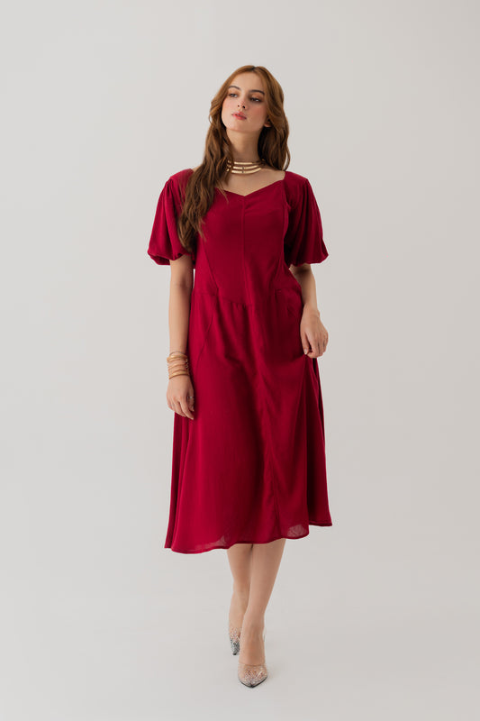 Maroon Linen Panelled Midi Dress - Hustle N Holla