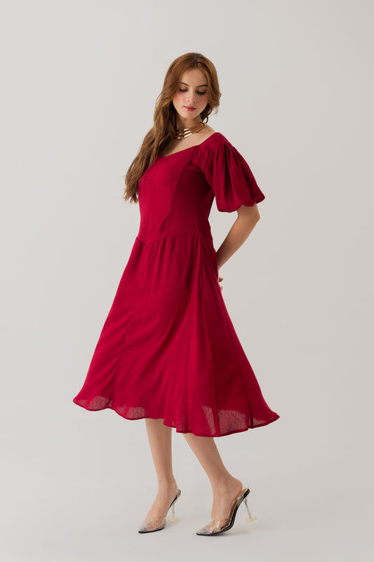 Maroon Linen Panelled Midi Dress - Hustle N Holla