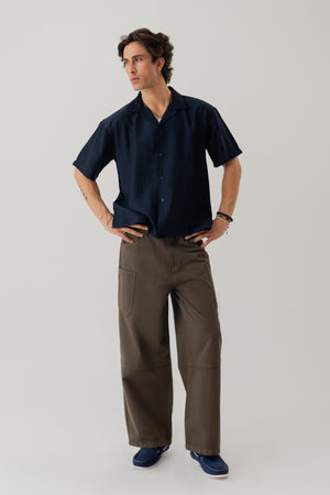 Navy Cotton Linen Relaxed Fit Shirt - Hustle N Holla