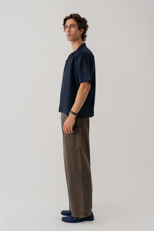 Navy Cotton Linen Relaxed Fit Shirt - Hustle N Holla