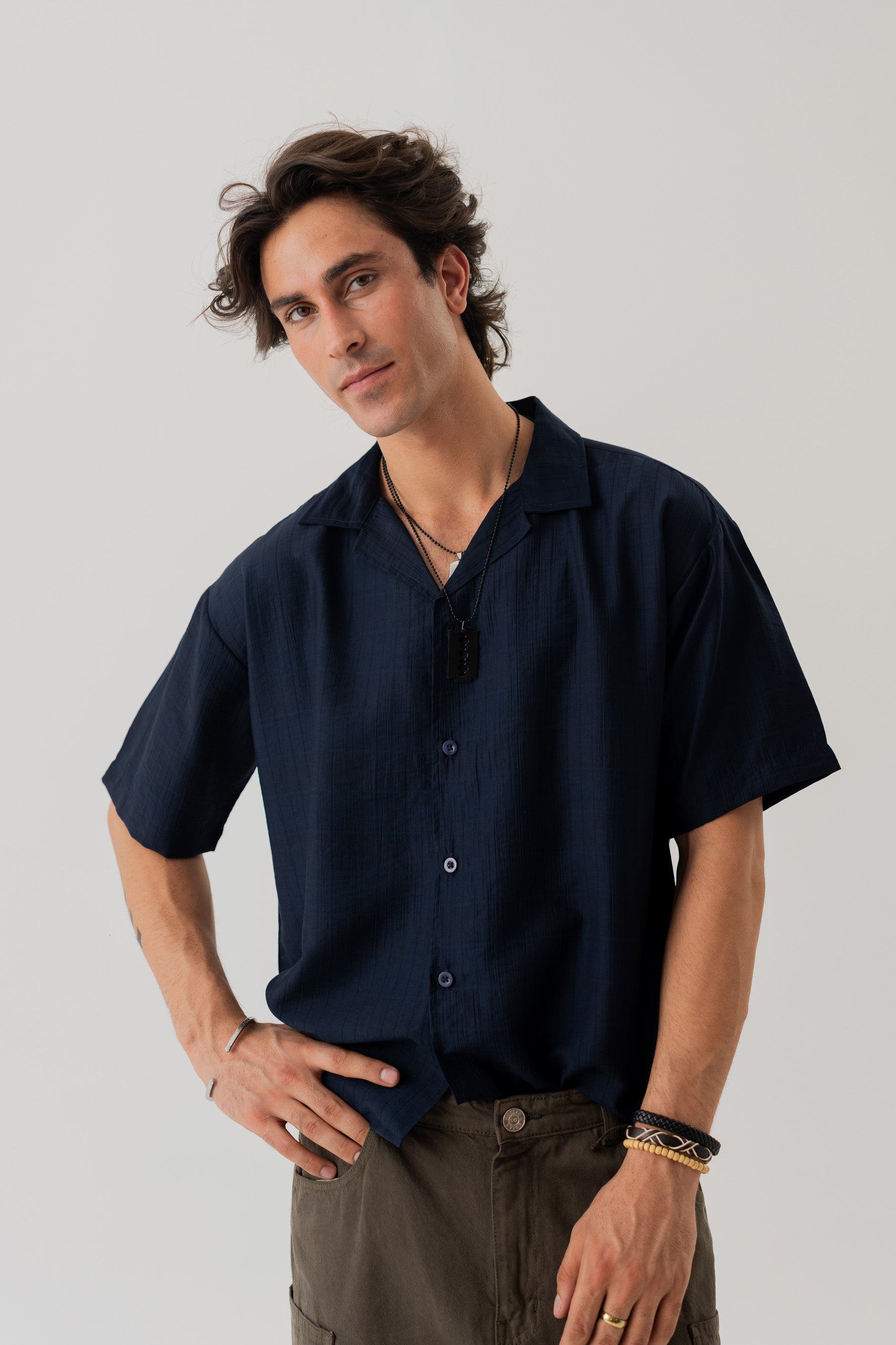 Navy Cotton Linen Relaxed Fit Shirt - Hustle N Holla