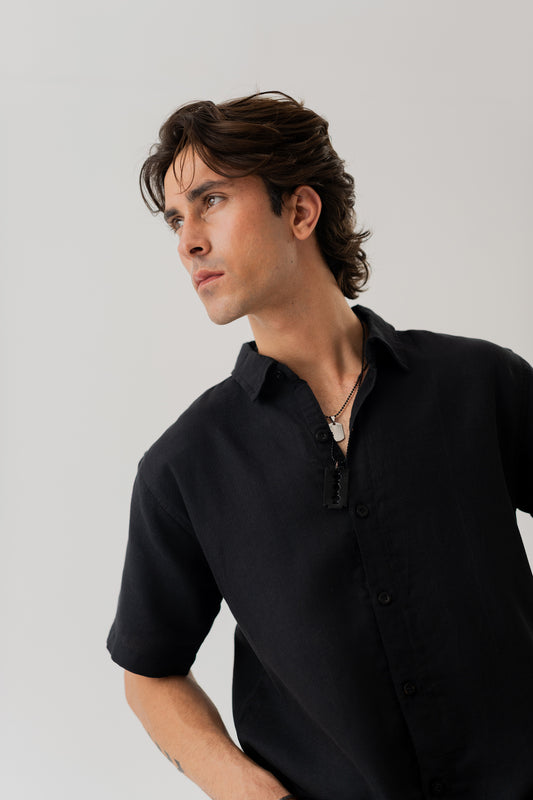 Black Cotton Linen Relaxed Fit Shirt - Hustle N Holla