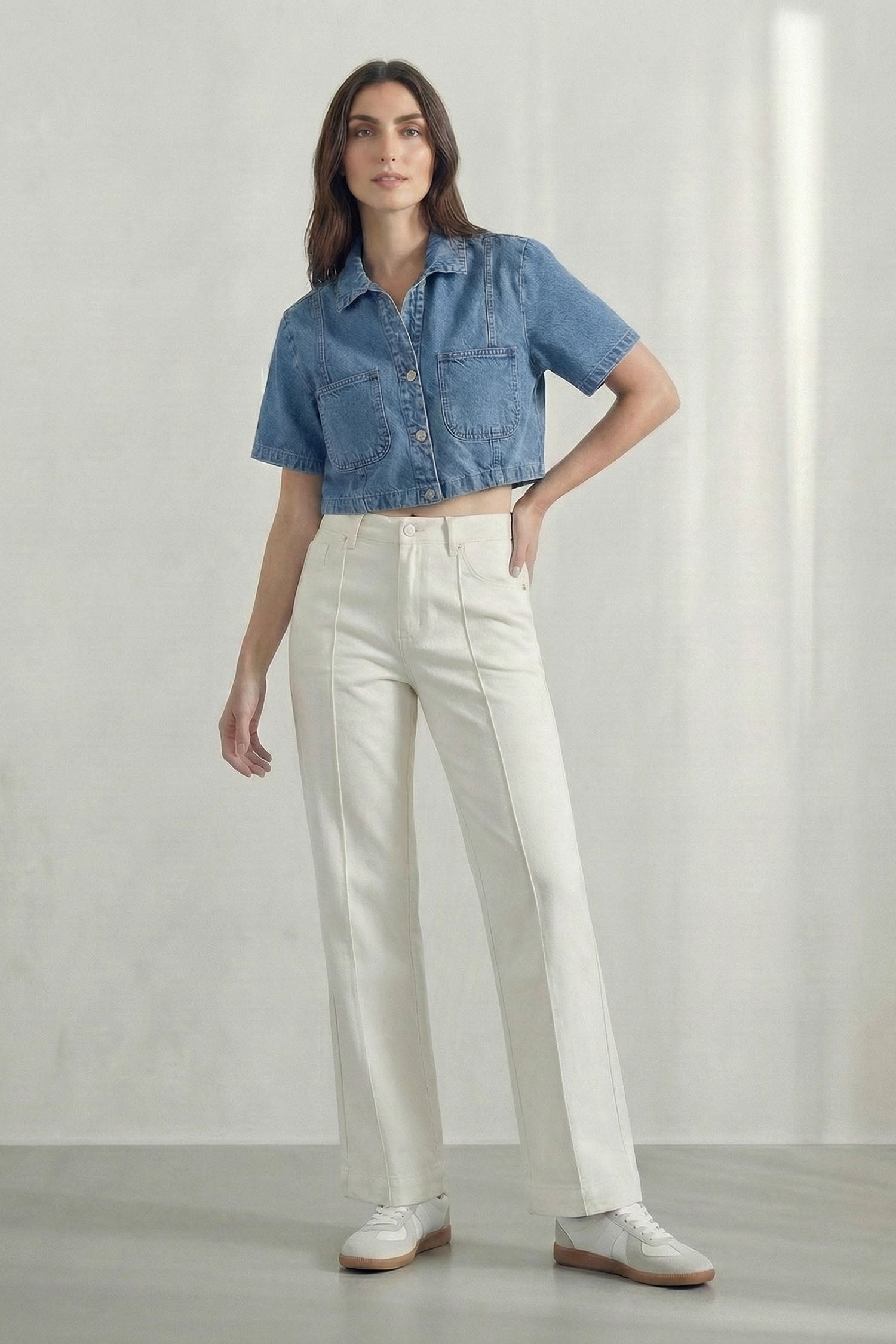 Light Blue Relaxed Fit Crop Denim Shirt - Hustle N Holla