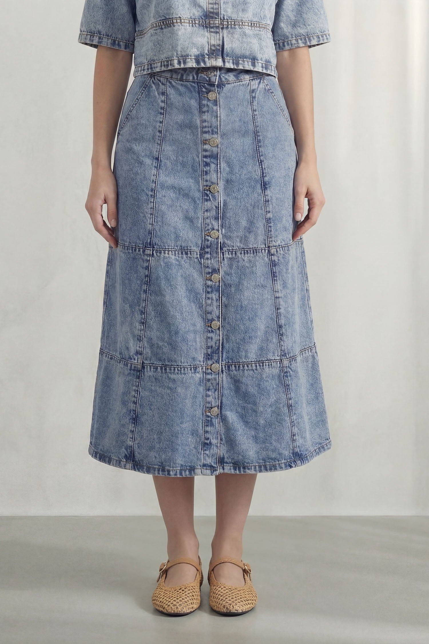 Light Blue Acid Washed Buttoned Maxi Skirt