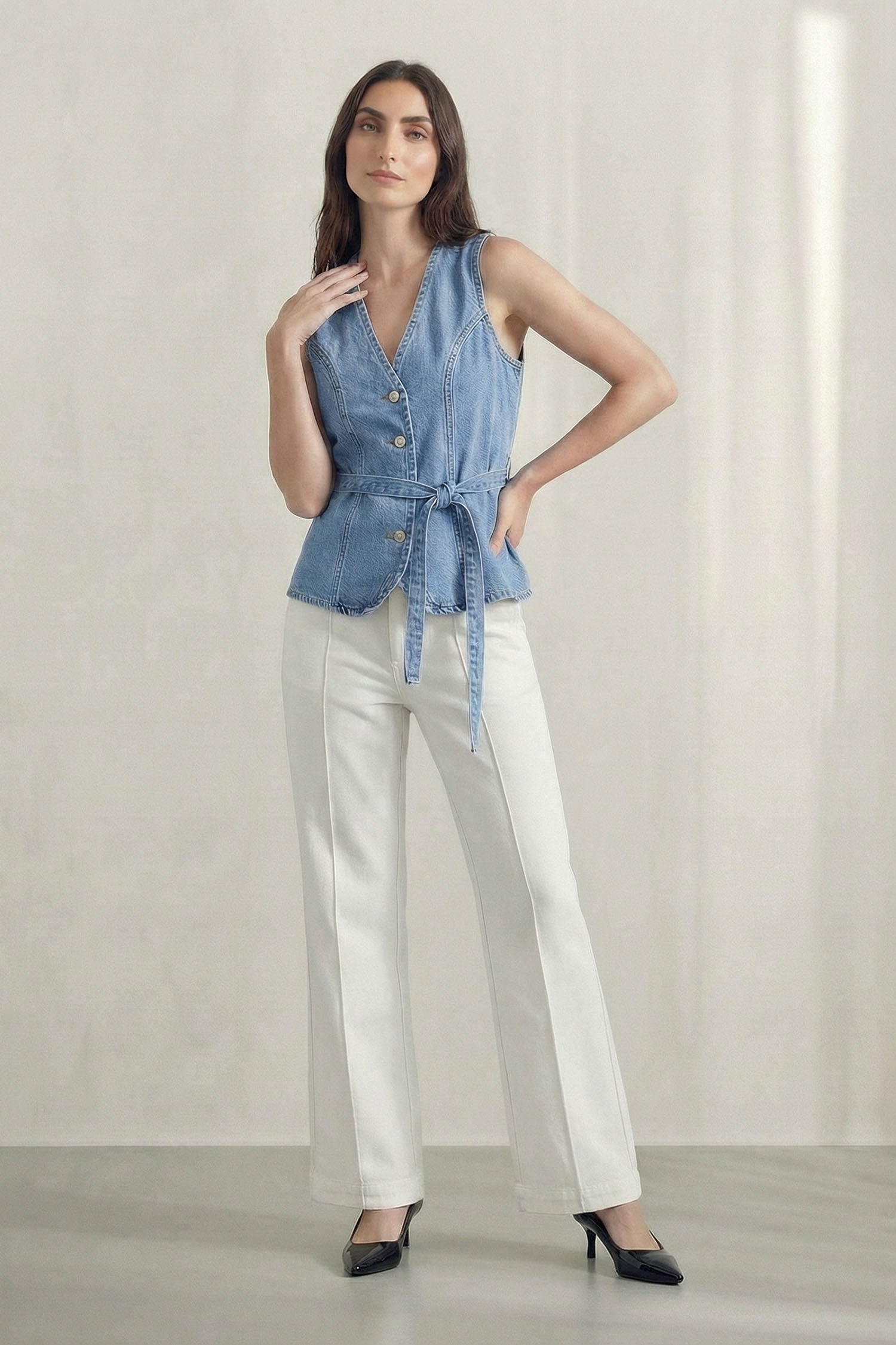 Light Blue Slim Fit Tie Up Denim Vest - Hustle N Holla