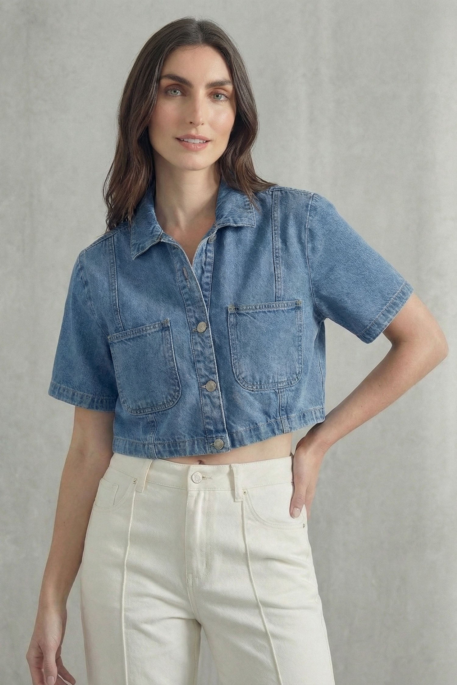 Light Blue Relaxed Fit Crop Denim Shirt - Hustle N Holla