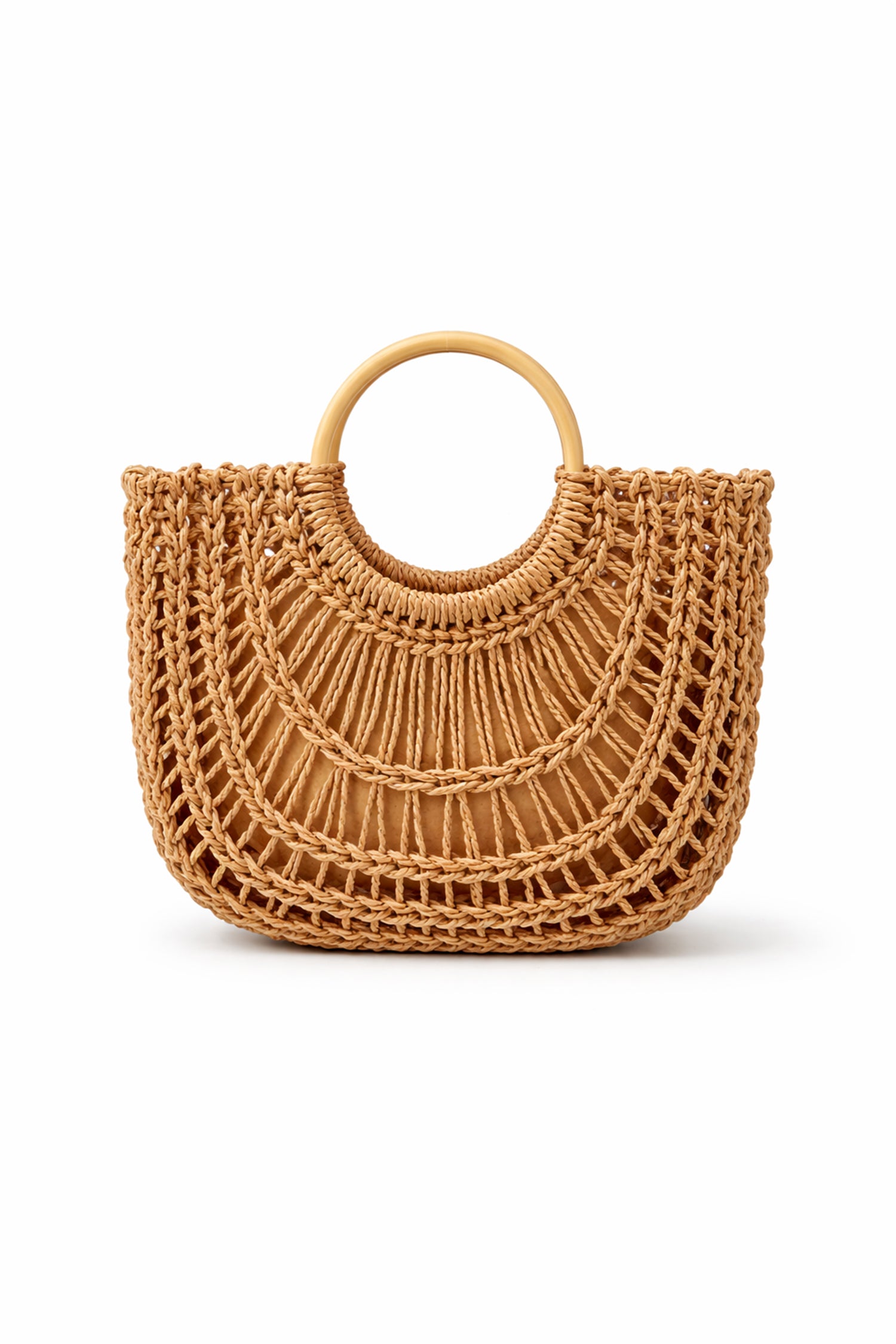Tan Woven Top Handle Tote Bag