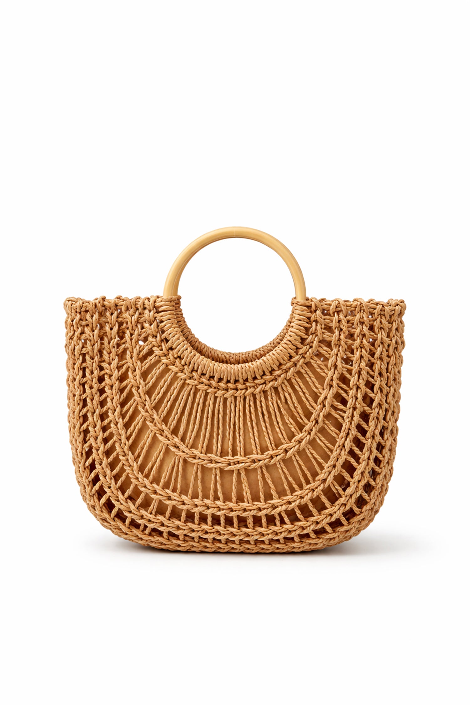 Tan Woven Top Handle Tote Bag