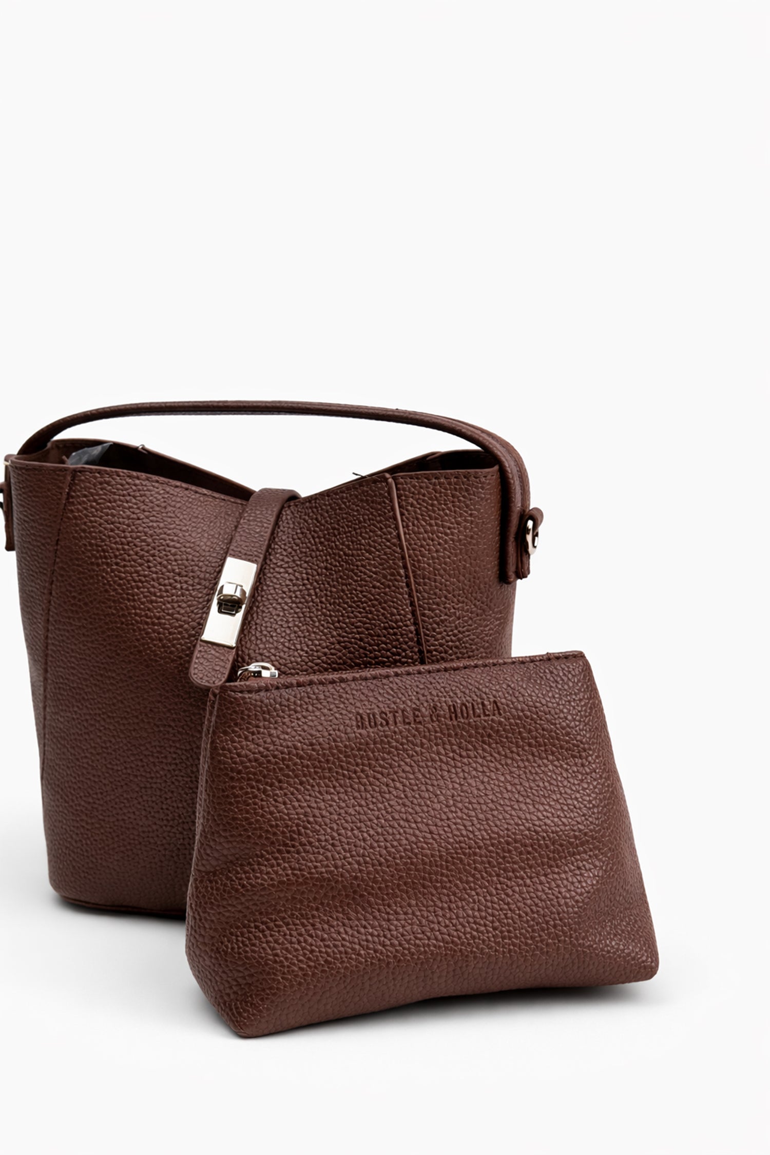 Brown Structured Bucket Bag with Detachable Pouch