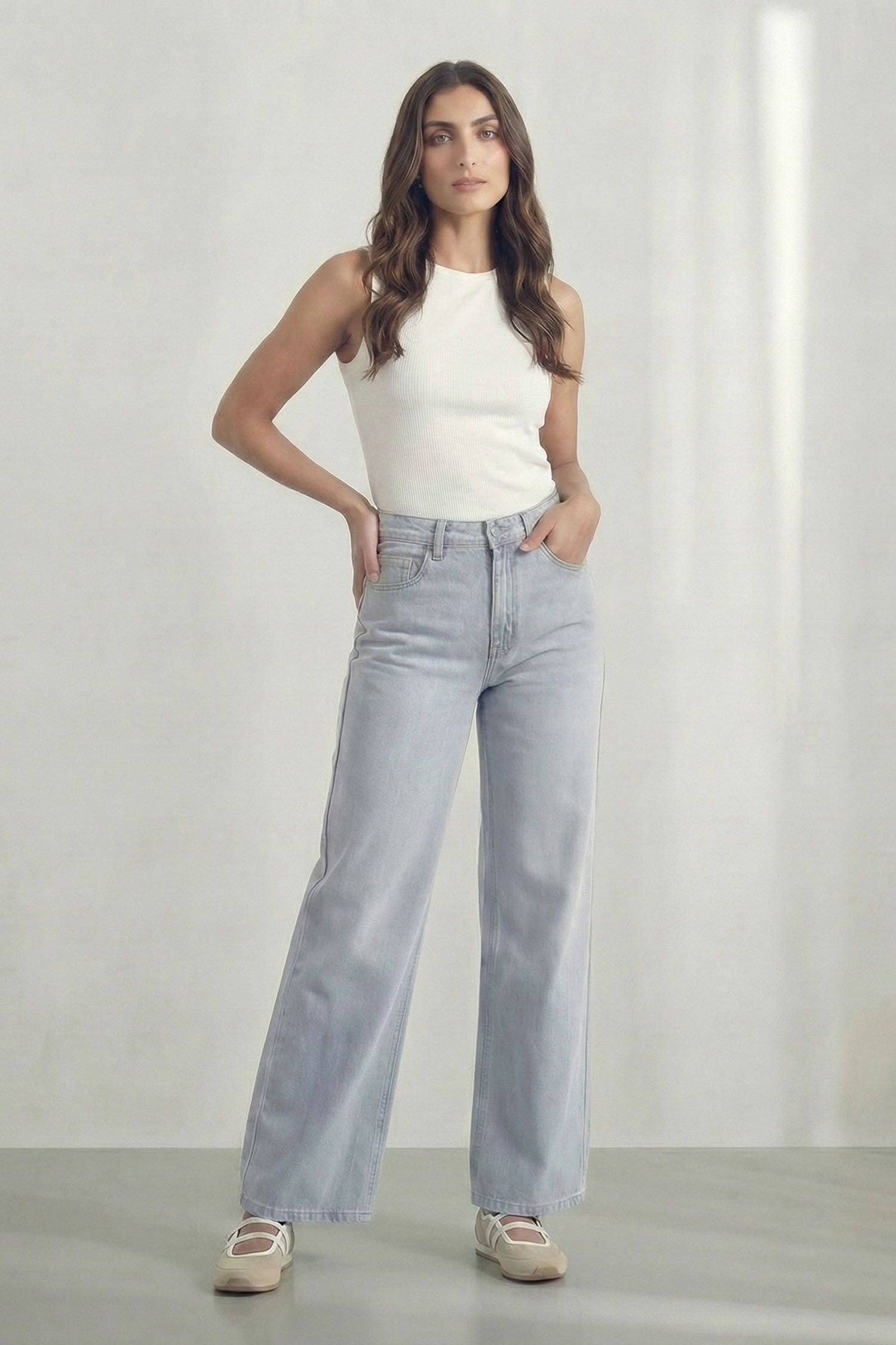 Star Detail Light Blue Mid Rise Wide Leg Jeans - Hustle N Holla