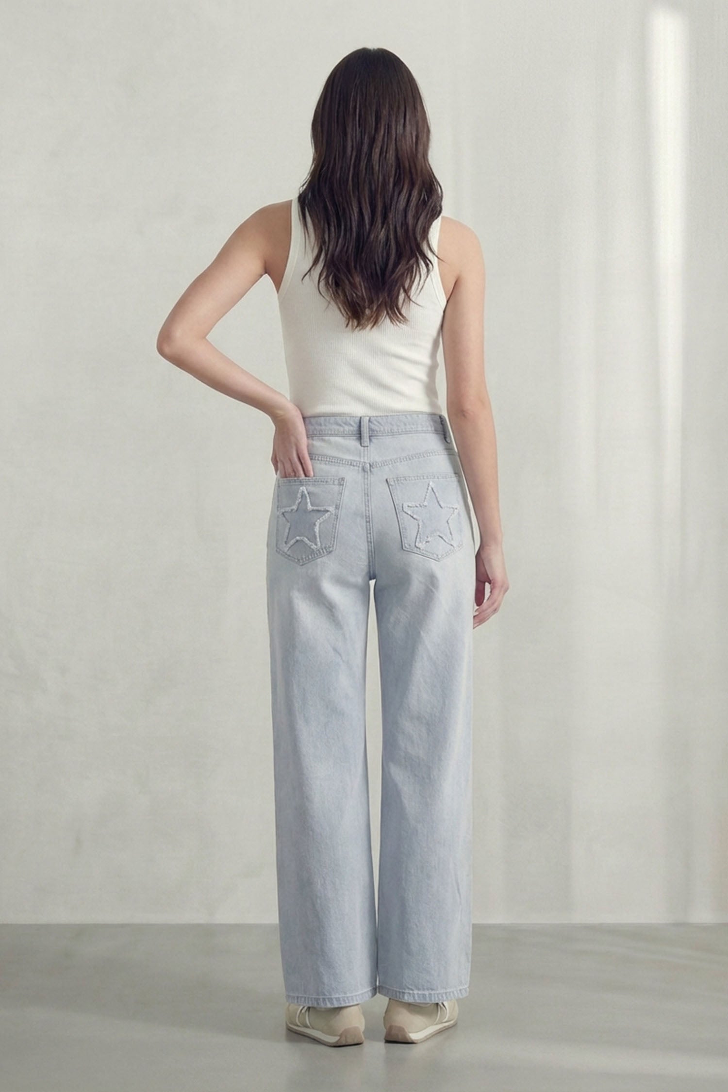 Star Detail Light Blue Mid Rise Wide Leg Jeans - Hustle N Holla