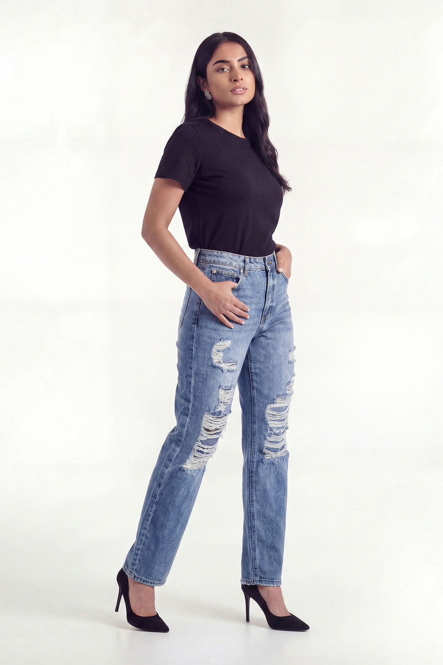 Blue Mid Wash Ripped Straight Fit Jeans - Hustle N Holla