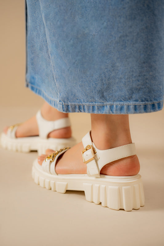 White Black Chunky Sandals with Chain Detail