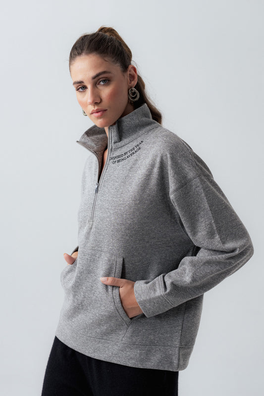 Grey Oversized Half Zipper Sweatshirt - Hustle N Holla