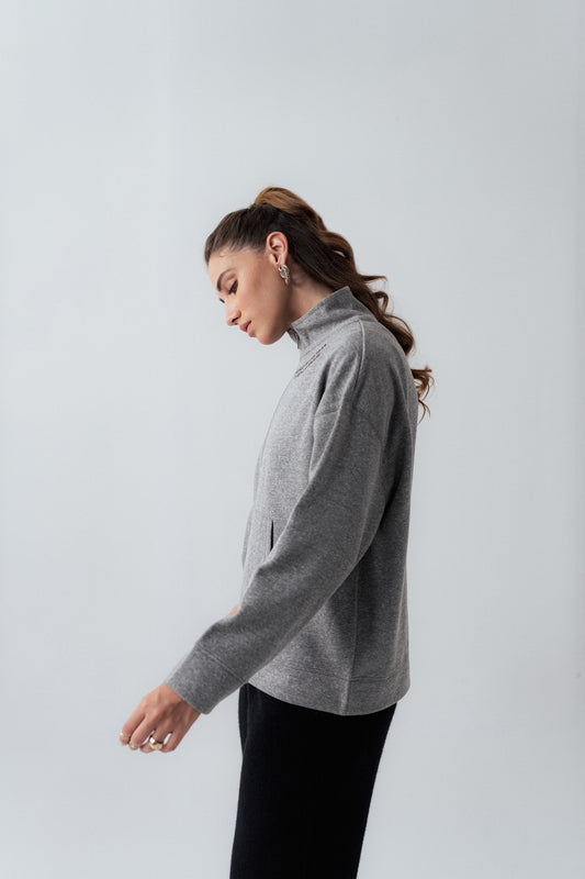 Grey Oversized Half Zipper Sweatshirt - Hustle N Holla