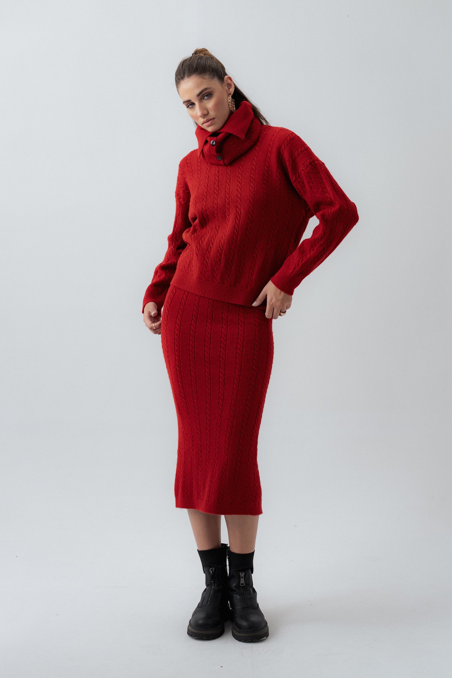 Red Knitted Midi Skirt