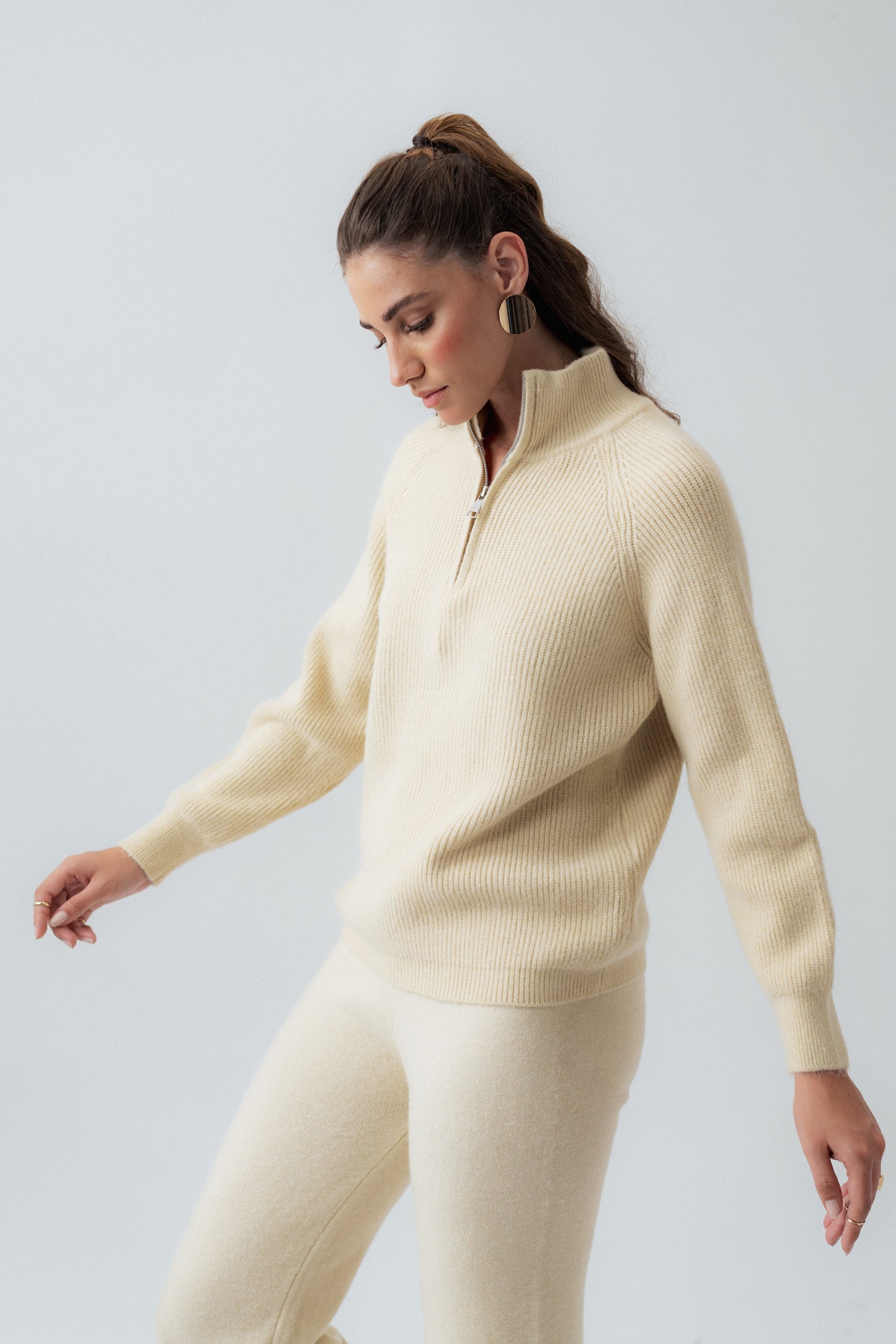 Beige Relaxed Fit Zipper Sweater - Hustle N Holla