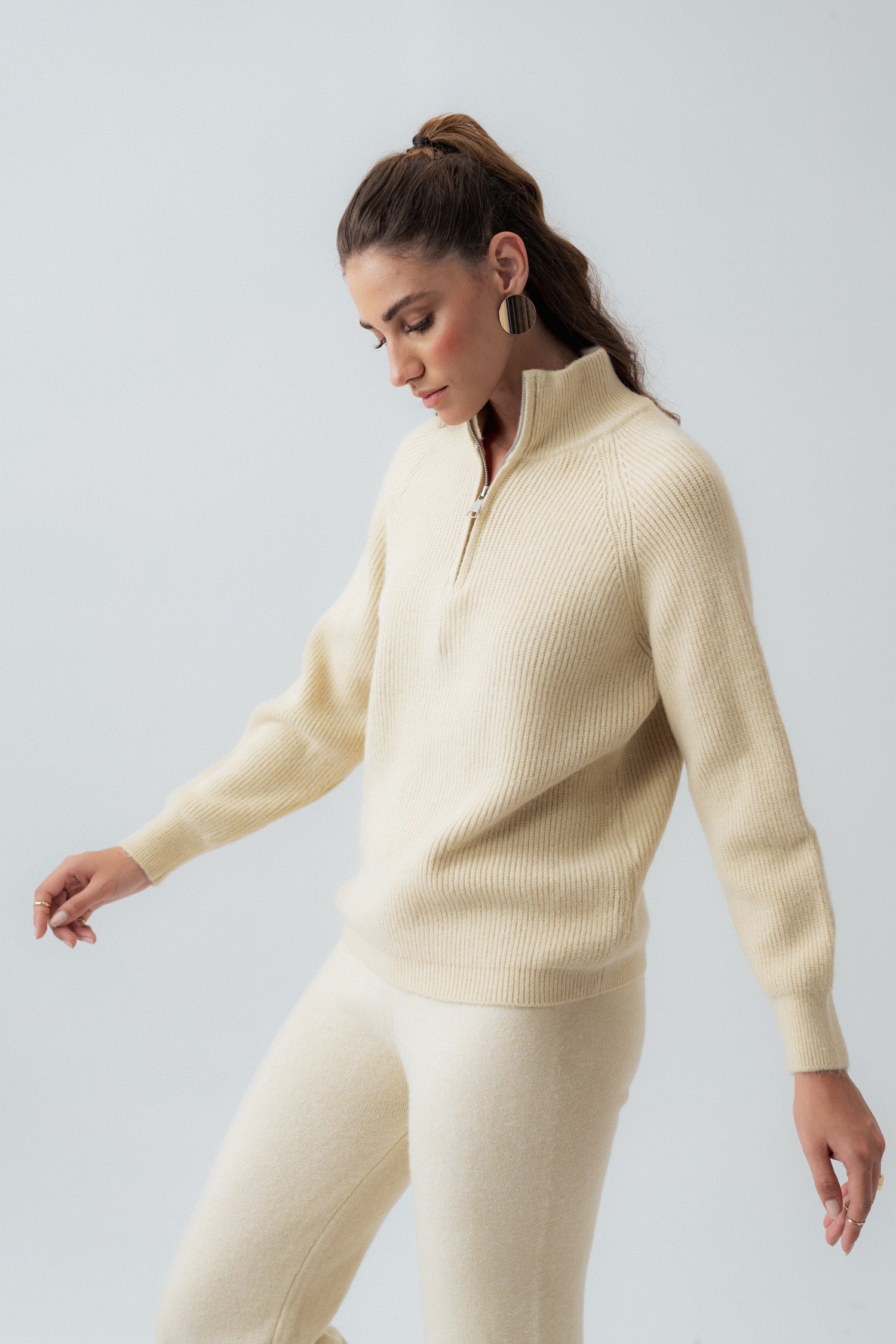 Beige Relaxed Fit Zipper Sweater - Hustle N Holla