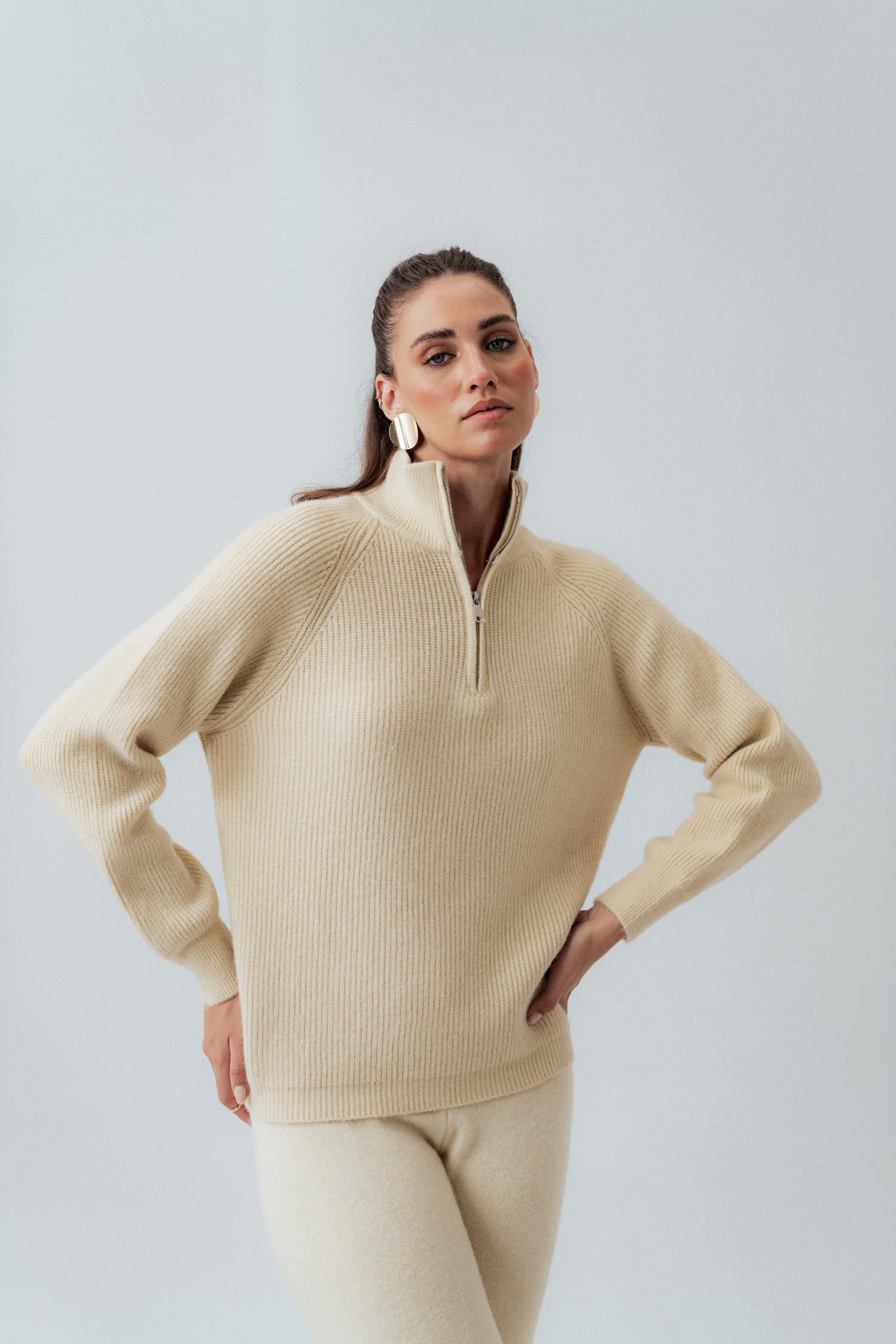 Beige Relaxed Fit Zipper Sweater - Hustle N Holla