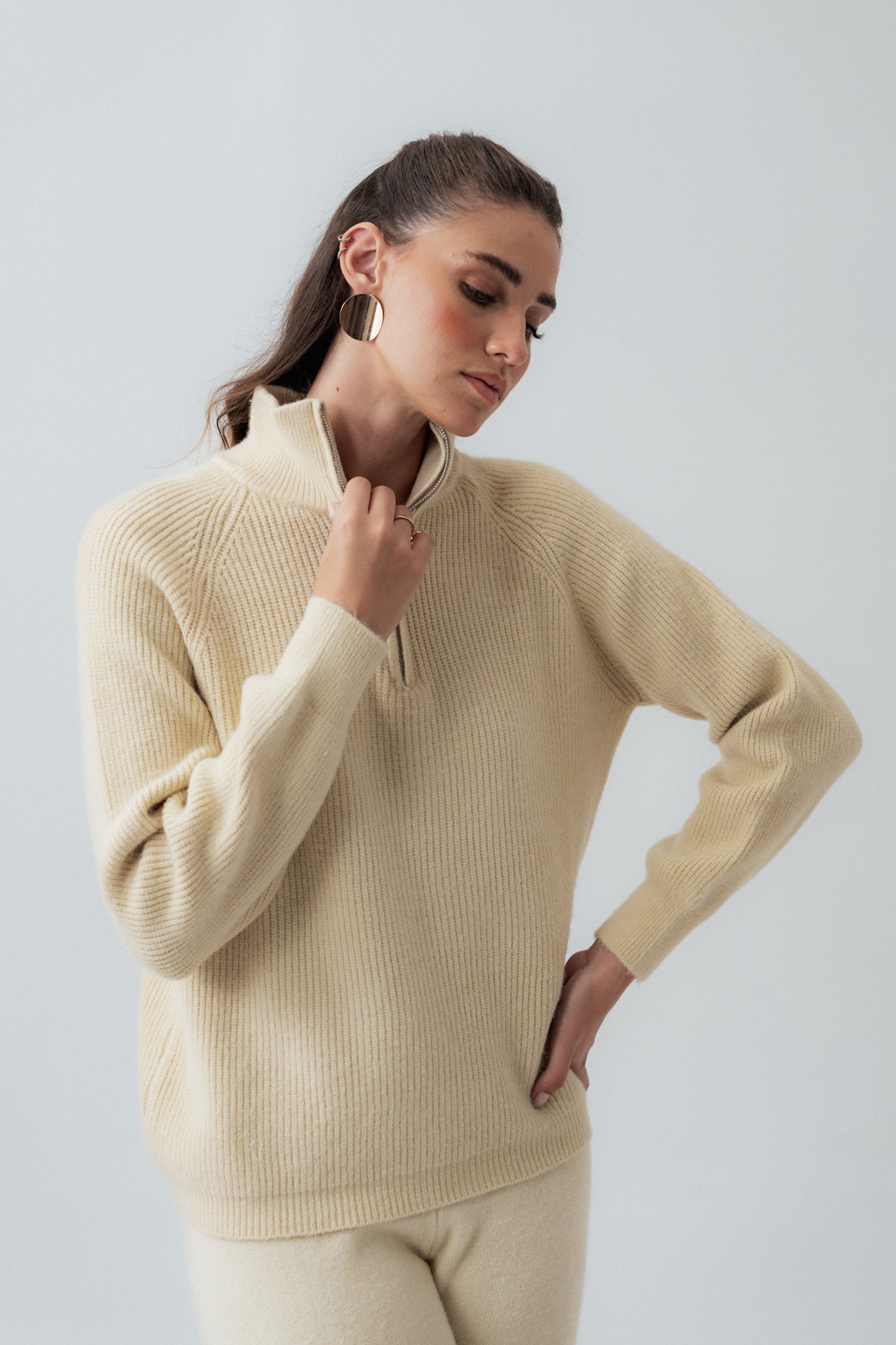 Beige Relaxed Fit Zipper Sweater - Hustle N Holla