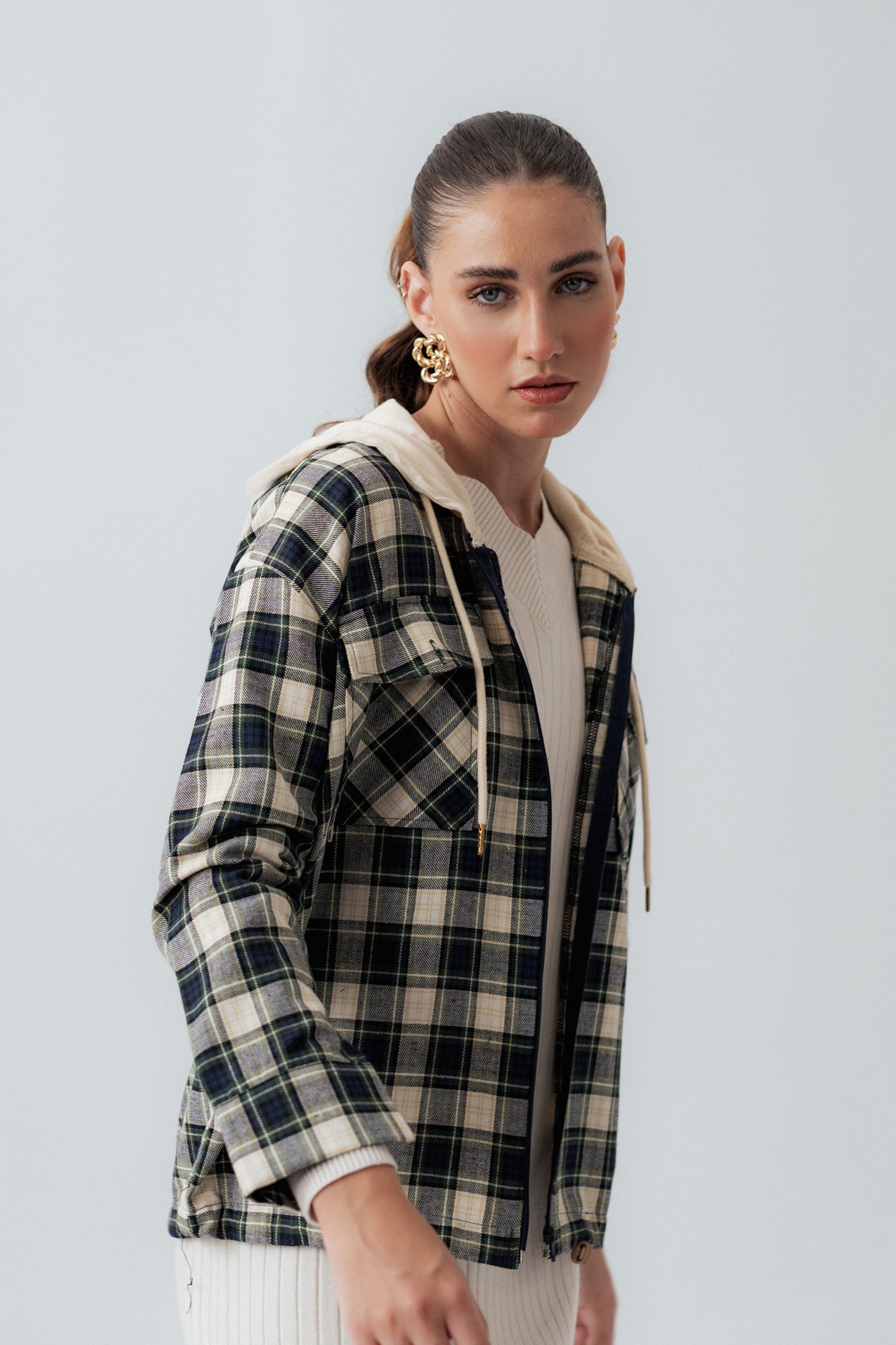 Front Zipper Oversized Flannel Shirt - Hustle N Holla