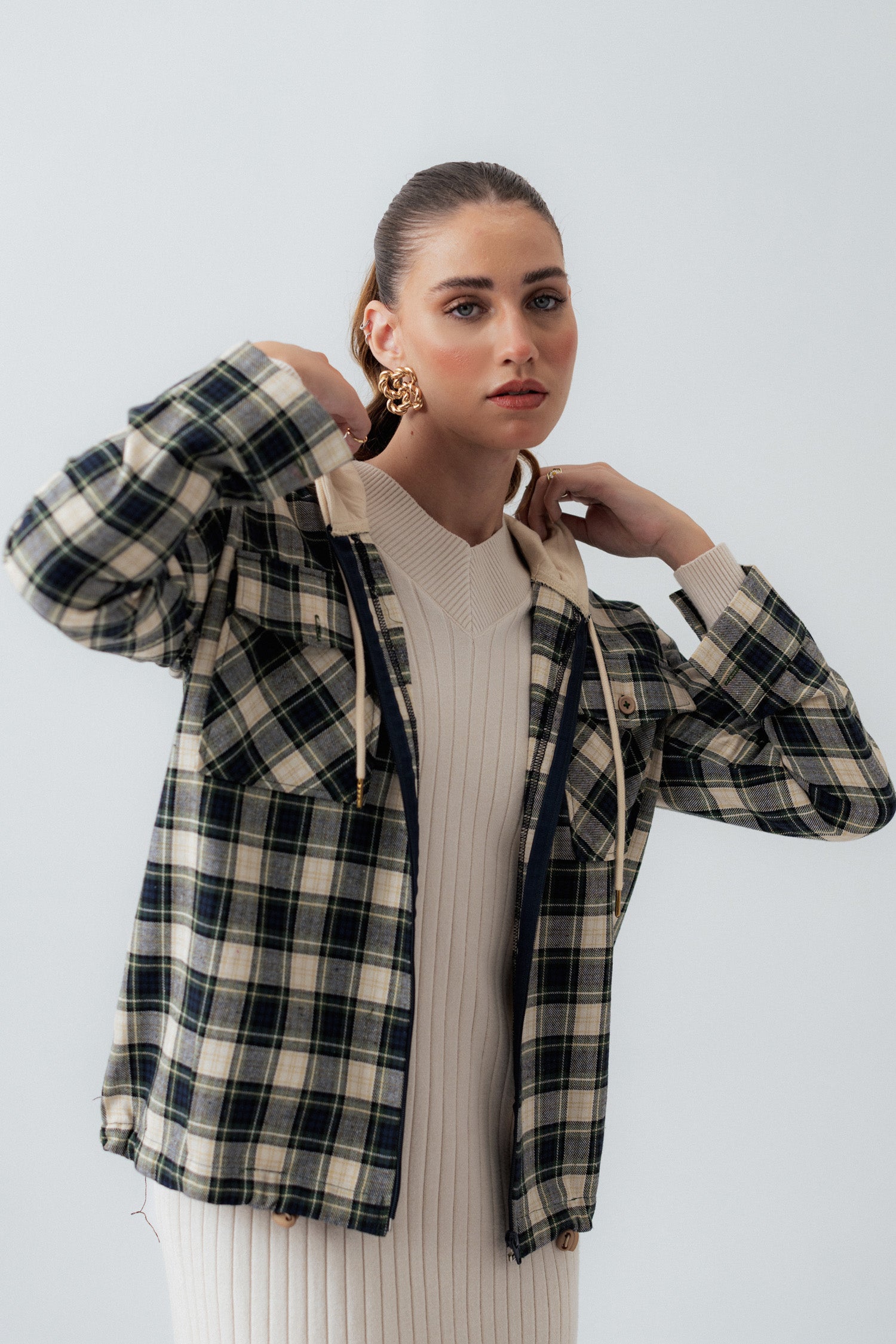 Front Zipper Oversized Flannel Shirt