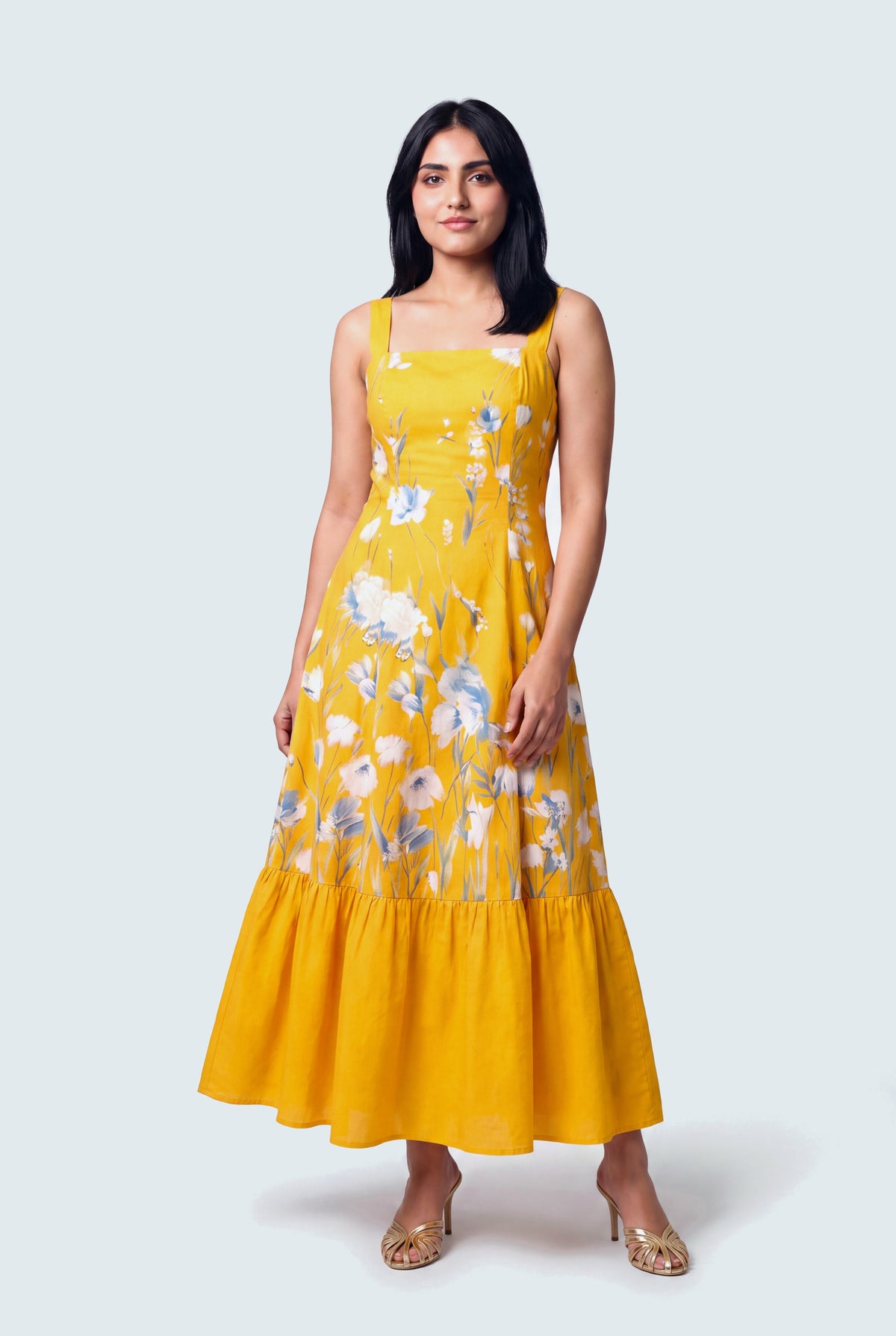 Yellow Floral Printed Square Neck Wide Strap Evening Dress - Hustle N Holla