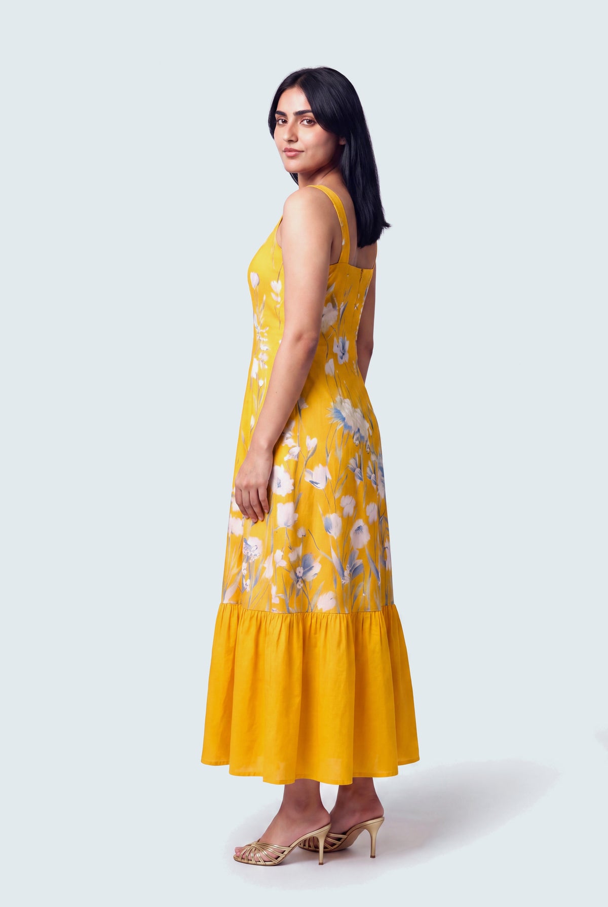 Yellow Floral Printed Square Neck Wide Strap Evening Dress - Hustle N Holla