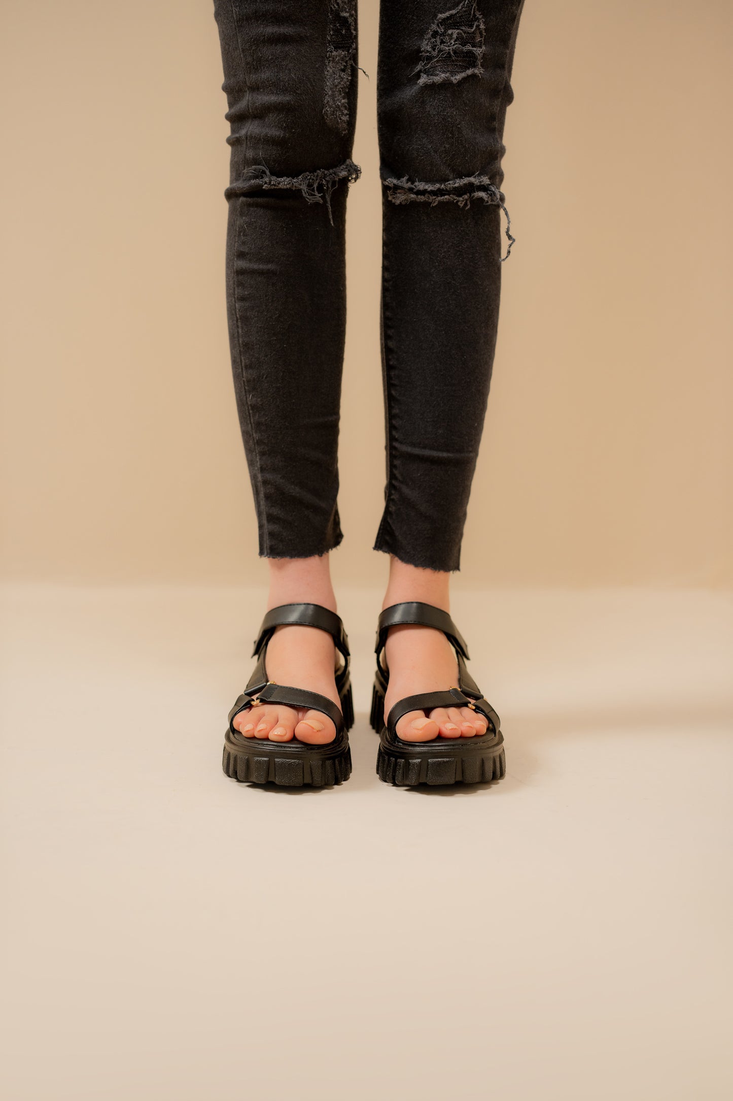 Black Chunky Sandals with Track Sole