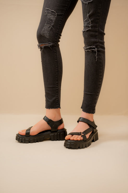 Black Chunky Sandals with Track Sole