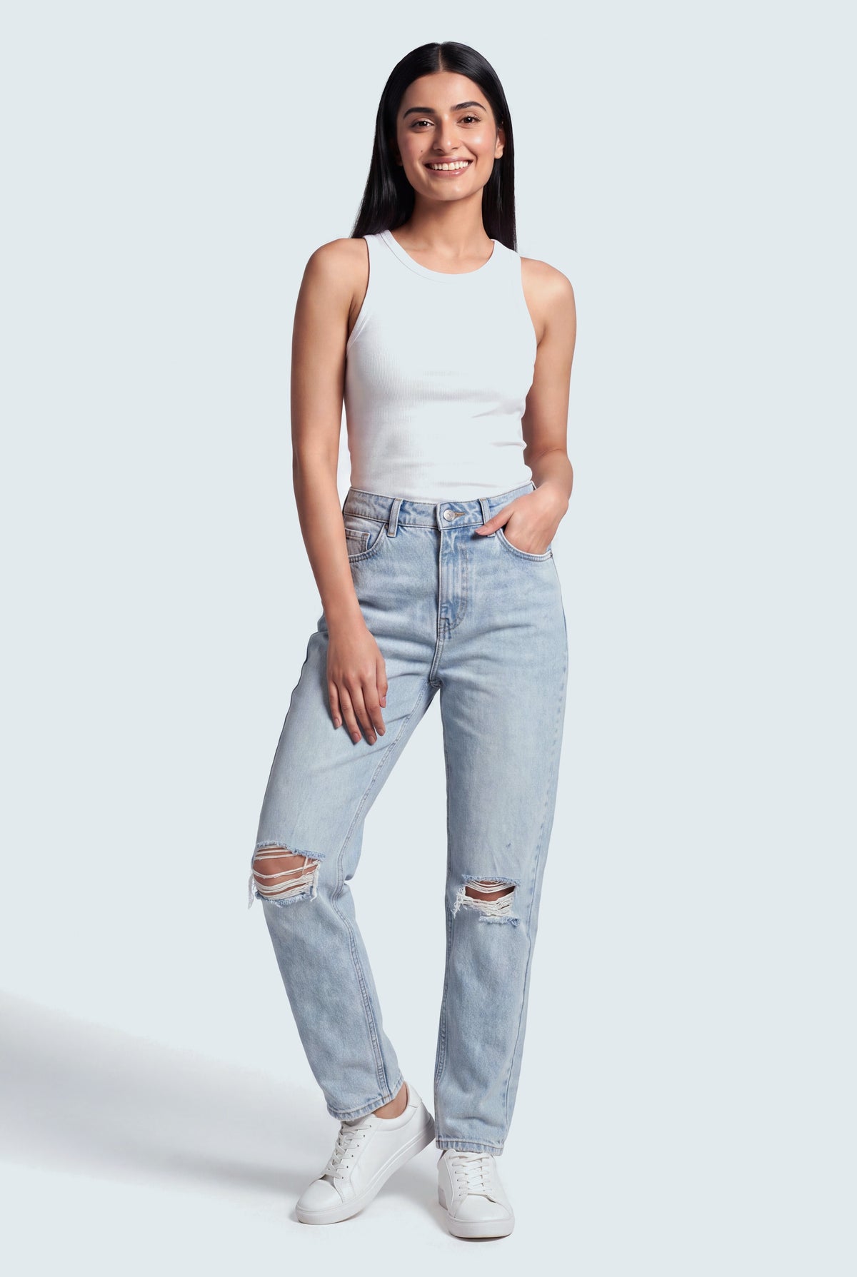 Acid Blue Light Wash Mid Rise Straight Fit Ripped Jeans - Hustle N Holla