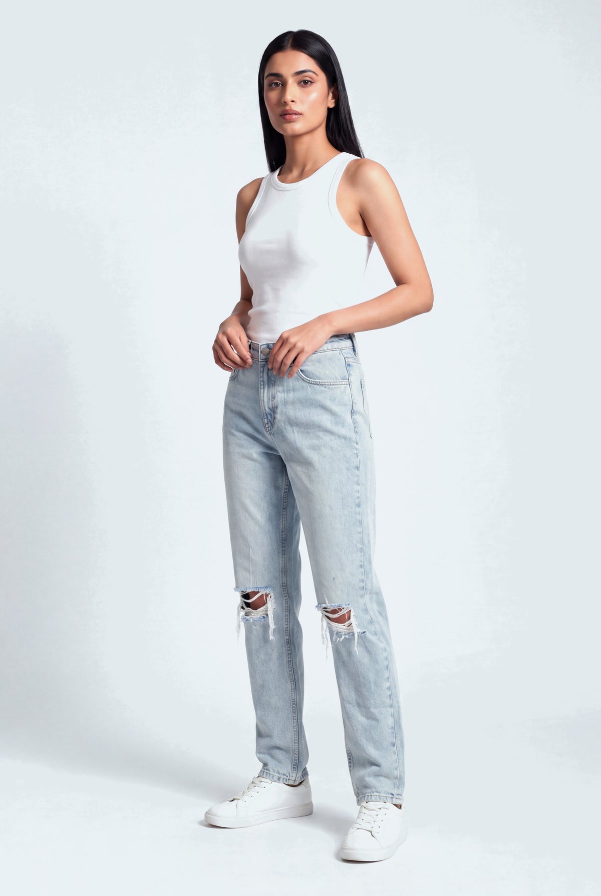 Acid Blue Light Wash Mid Rise Straight Fit Ripped Jeans - Hustle N Holla