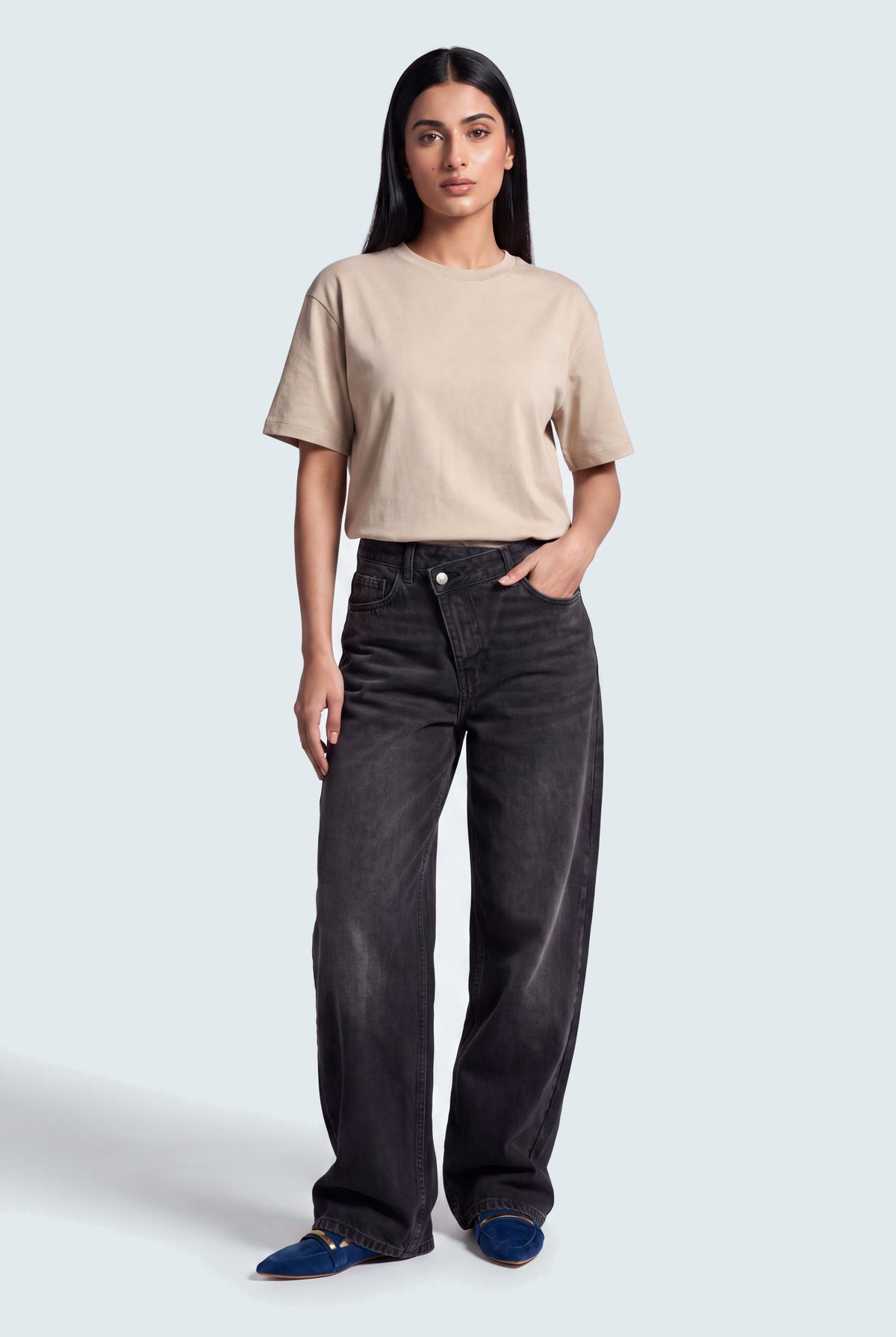 Asymmetric Waist Band Washed Black Baggy Fit Jeans - Hustle N Holla