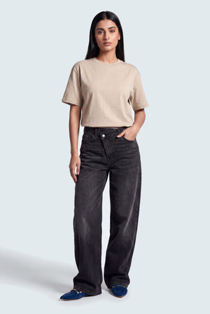 Asymmetric Waist Band Washed Black Baggy Fit Jeans - Hustle N Holla