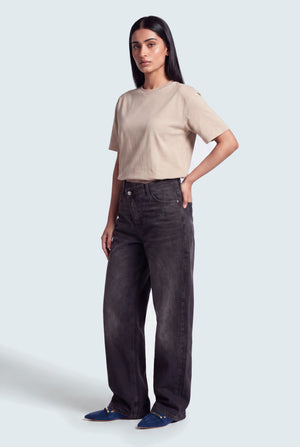 Asymmetric Waist Band Washed Black Baggy Fit Jeans - Hustle N Holla