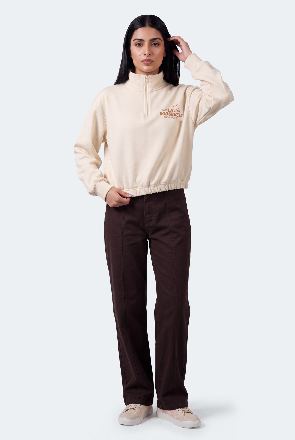 Beige Relaxed Fit Mock Neck Graphic Sweatshirt - Hustle N Holla