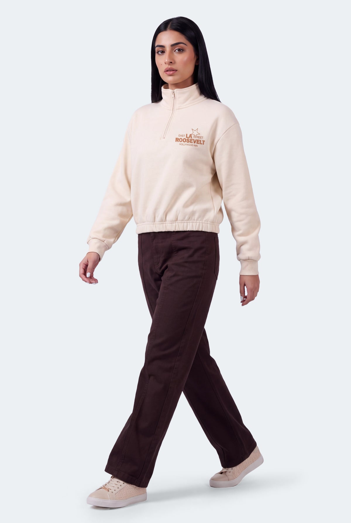 Beige Relaxed Fit Mock Neck Graphic Sweatshirt - Hustle N Holla